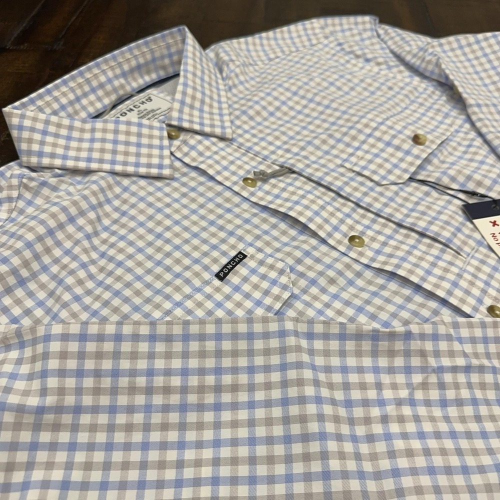 Poncho Shirt Mens XL Blue Check Slim Fit Magnetic Pockets Stretch Long Sleeve